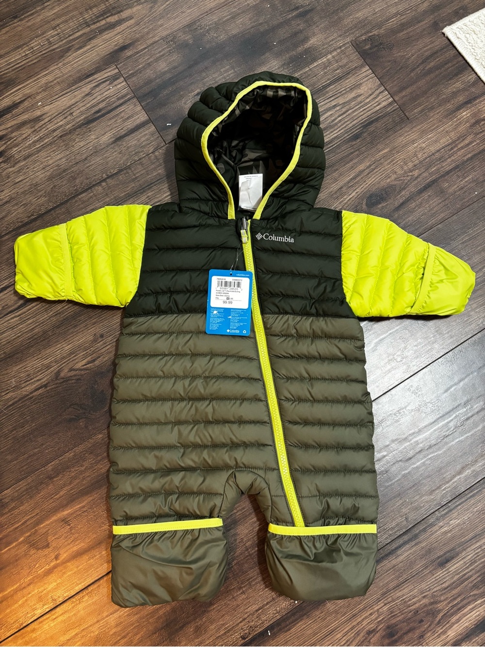 Columbia Infant Olive Green and Neon Yellow Hooded Puffer One-Piece